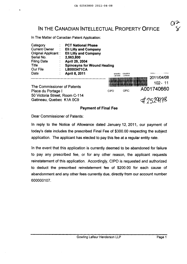 Canadian Patent Document 2563800. Correspondence 20110408. Image 1 of 2