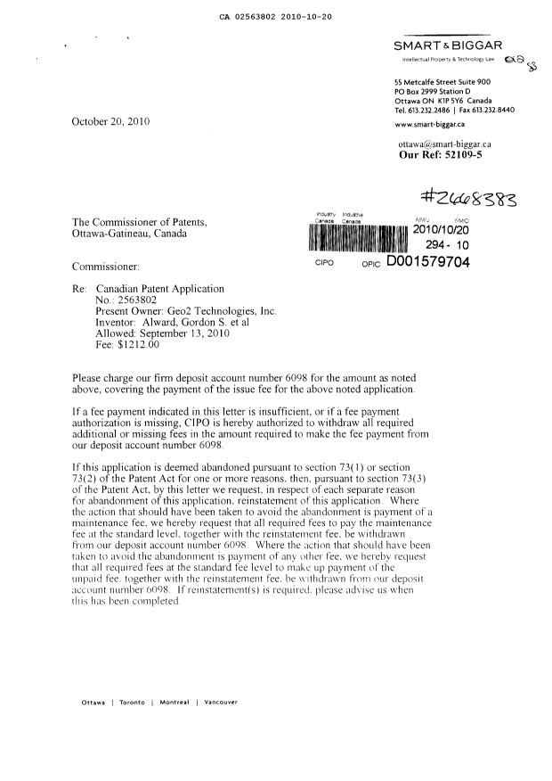 Canadian Patent Document 2563802. Correspondence 20101020. Image 1 of 2