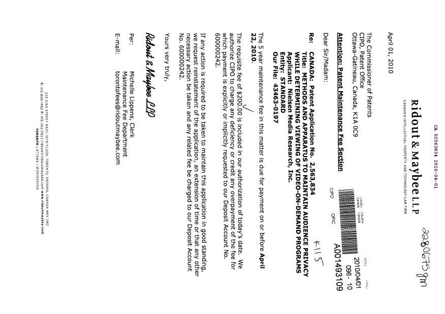 Document de brevet canadien 2563834. Taxes 20100401. Image 1 de 1