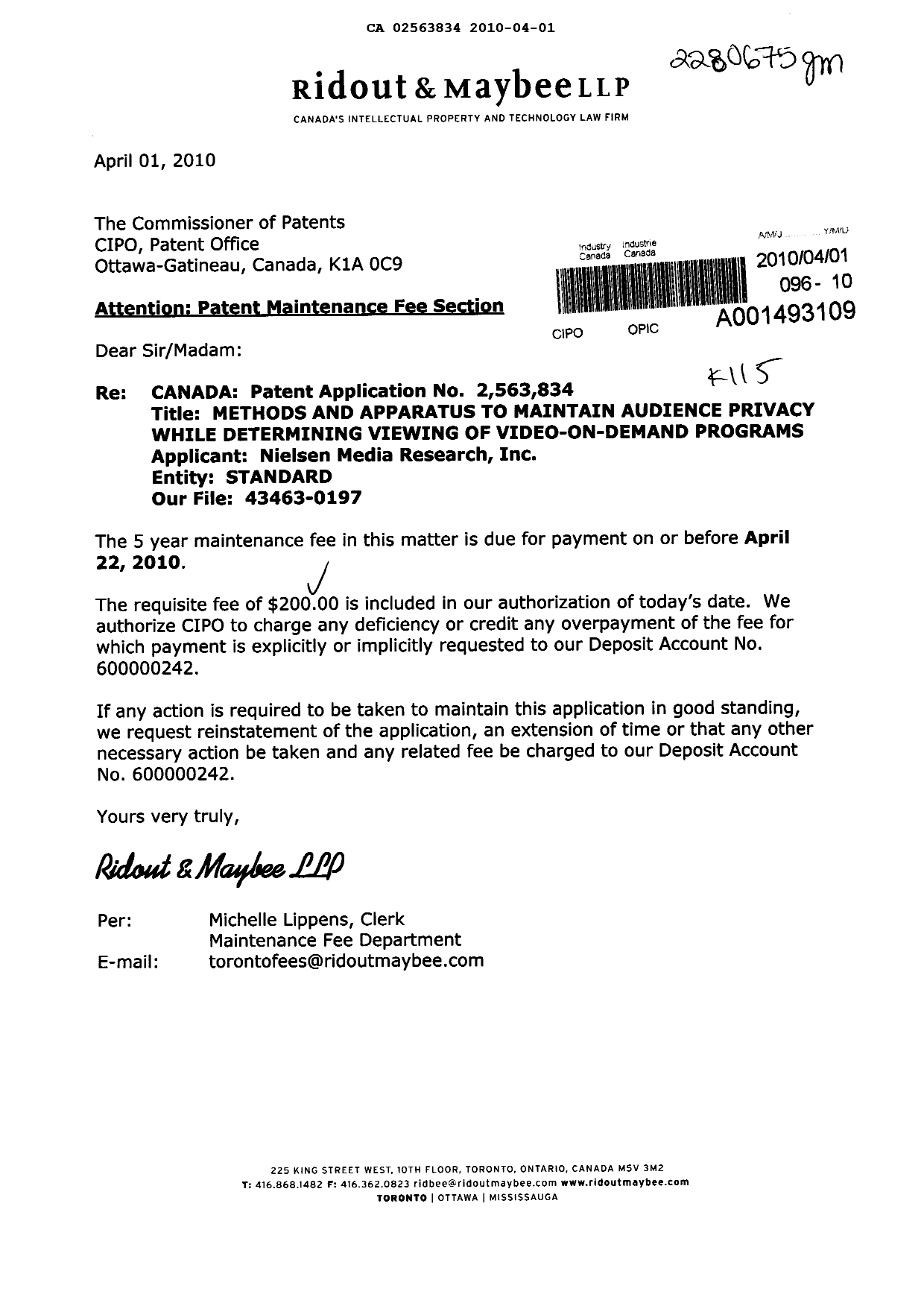 Document de brevet canadien 2563834. Taxes 20100401. Image 1 de 1