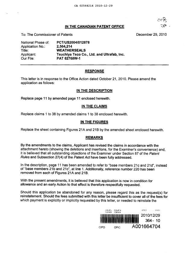 Document de brevet canadien 2564214. Poursuite-Amendment 20101229. Image 1 de 12