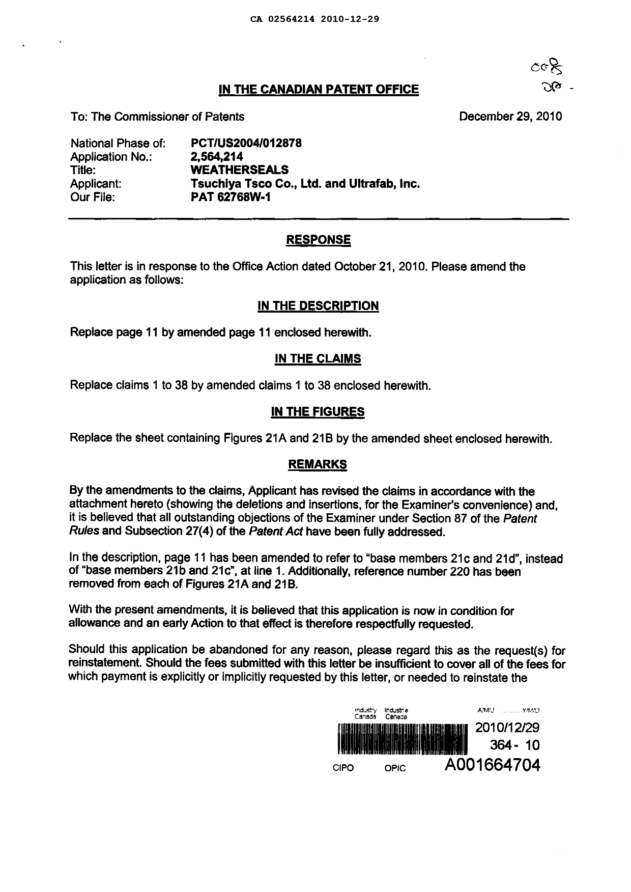 Canadian Patent Document 2564214. Prosecution-Amendment 20101229. Image 1 of 12