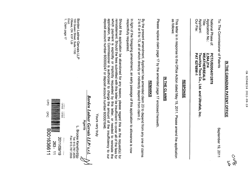 Canadian Patent Document 2564214. Prosecution-Amendment 20110919. Image 1 of 2