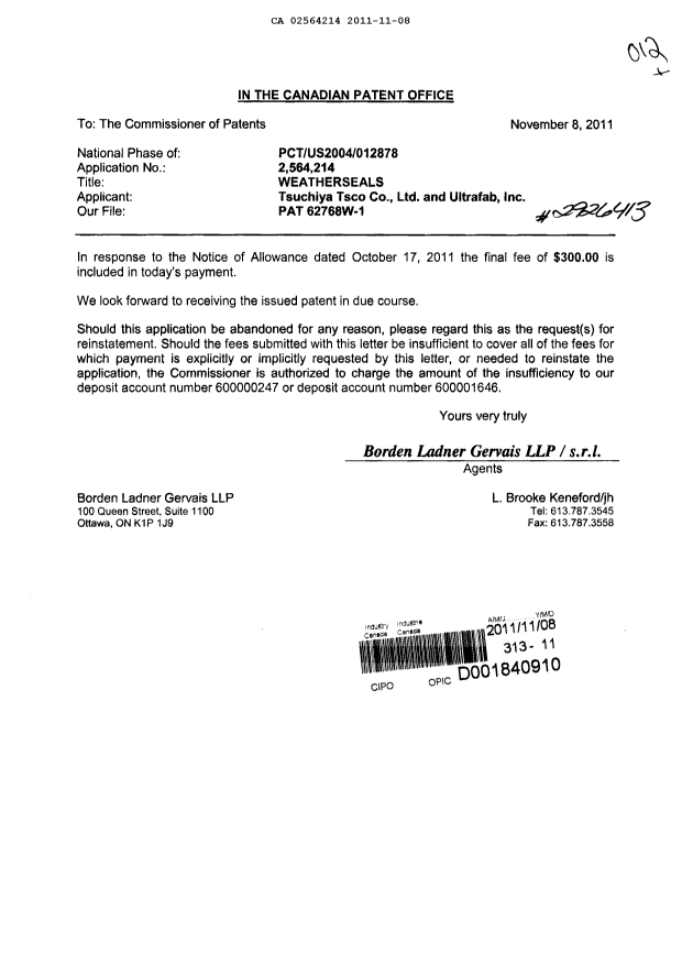 Document de brevet canadien 2564214. Correspondance 20111108. Image 1 de 2