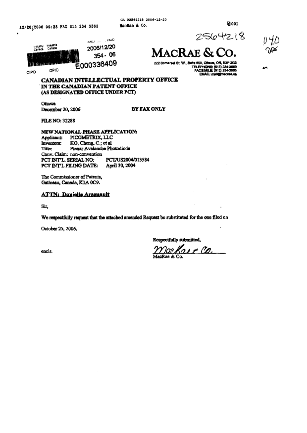 Canadian Patent Document 2564218. Correspondence 20061220. Image 1 of 2