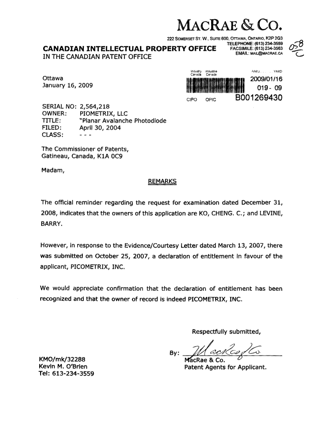 Canadian Patent Document 2564218. Correspondence 20090116. Image 1 of 1