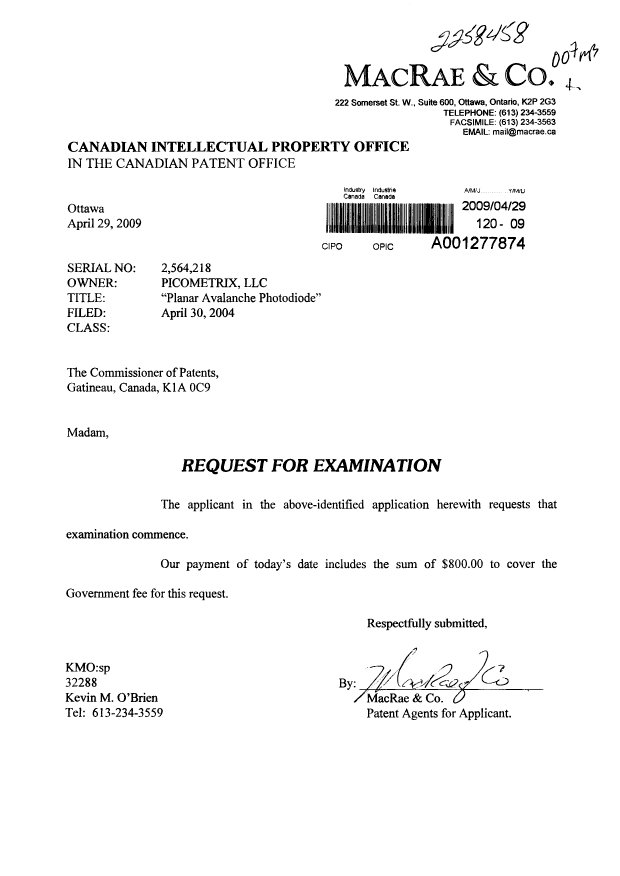 Canadian Patent Document 2564218. Prosecution-Amendment 20090429. Image 1 of 1