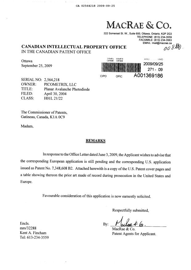 Canadian Patent Document 2564218. Prosecution-Amendment 20090925. Image 1 of 1
