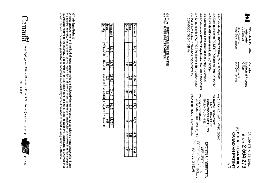 Document de brevet canadien 2564279. Page couverture 20140409. Image 1 de 2