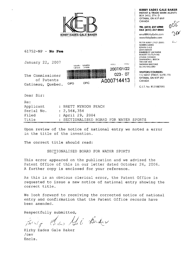 Canadian Patent Document 2564354. Prosecution-Amendment 20070122. Image 1 of 4
