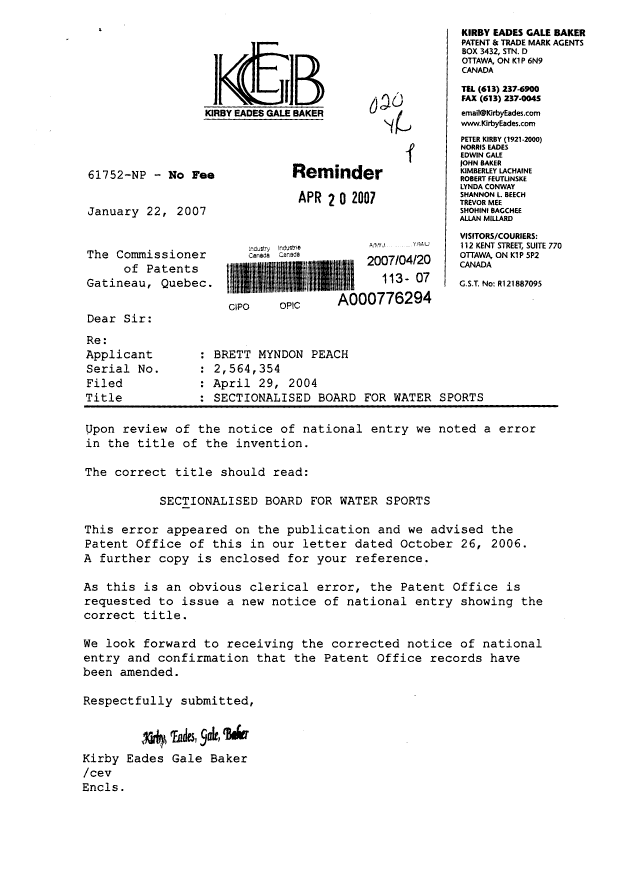 Canadian Patent Document 2564354. Correspondence 20070420. Image 1 of 3