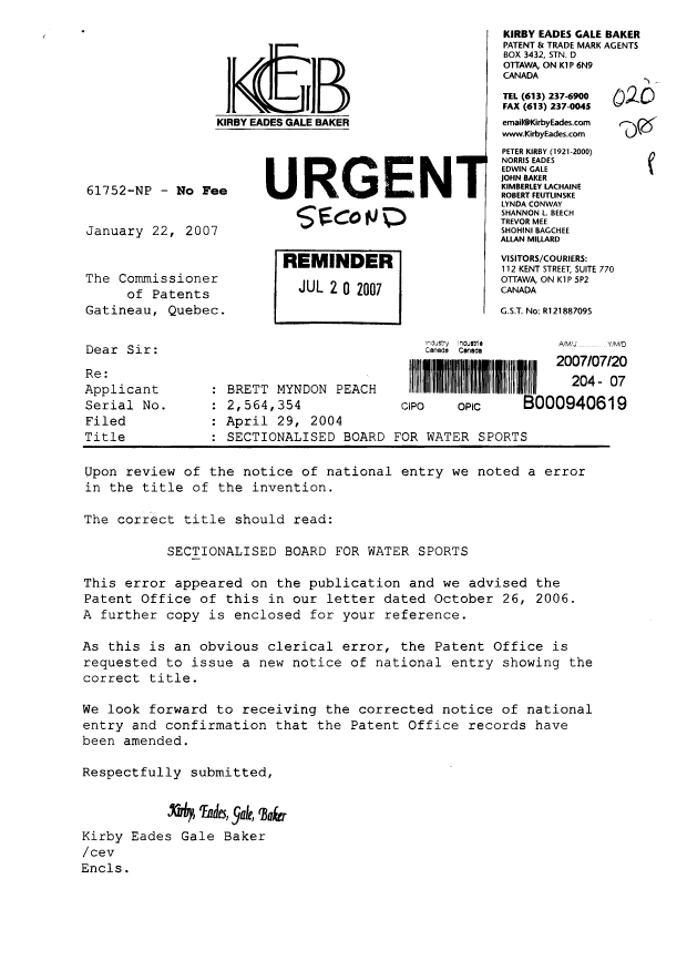 Canadian Patent Document 2564354. Correspondence 20070720. Image 1 of 3