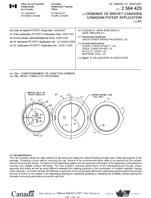 Document de brevet canadien 2564425. Page couverture 20070102. Image 1 de 1