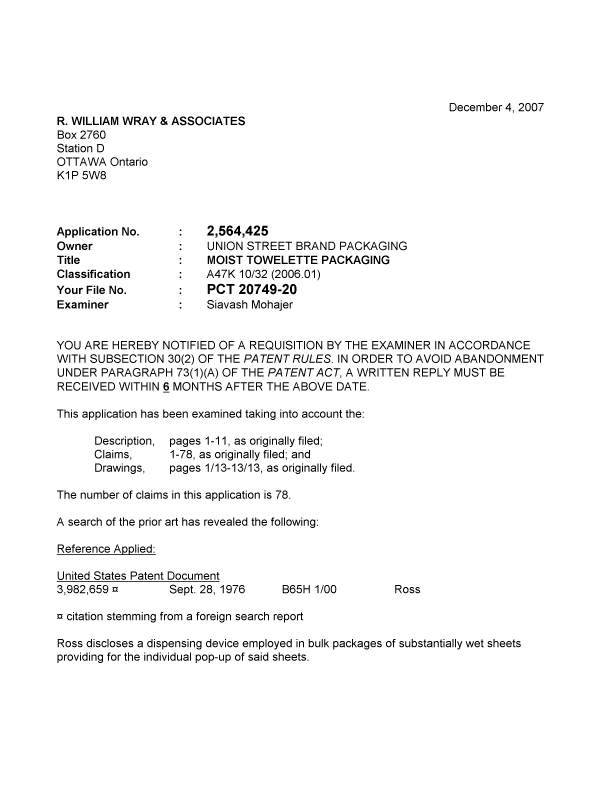 Document de brevet canadien 2564425. Poursuite-Amendment 20071204. Image 1 de 2