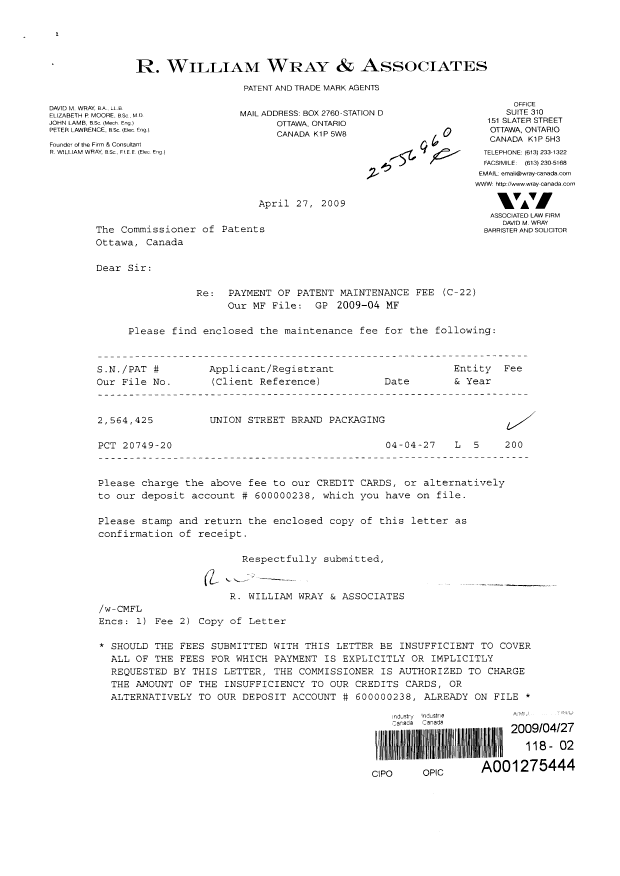 Canadian Patent Document 2564425. Fees 20090427. Image 1 of 1