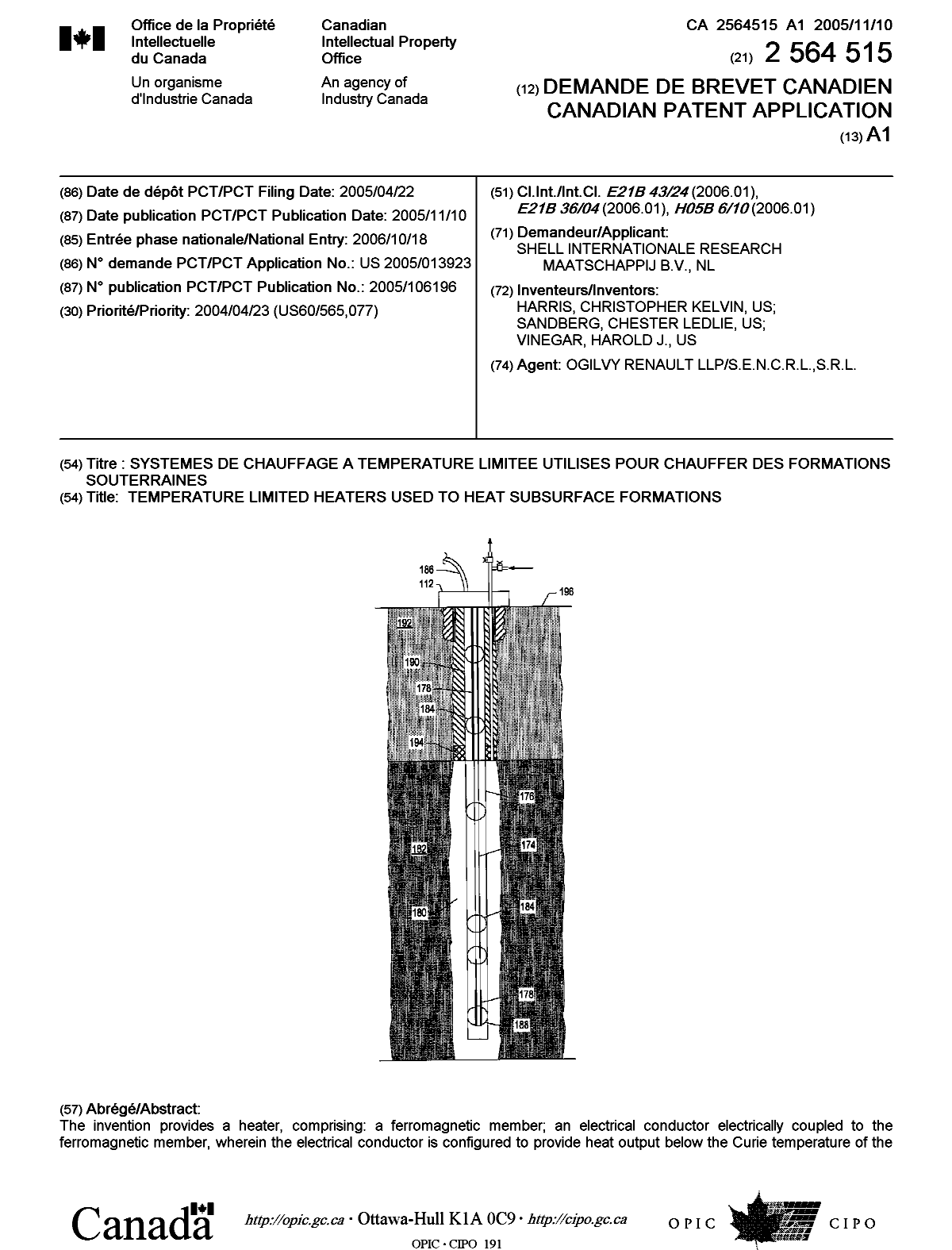 Document de brevet canadien 2564515. Page couverture 20070208. Image 1 de 2