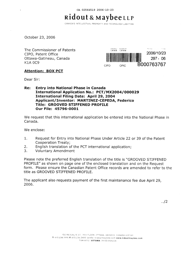 Canadian Patent Document 2564519. Assignment 20061023. Image 1 of 4