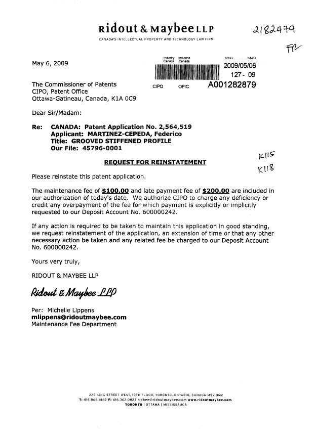 Canadian Patent Document 2564519. Fees 20090506. Image 1 of 1