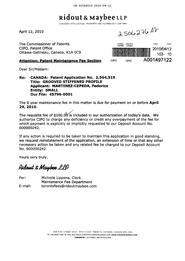 Canadian Patent Document 2564519. Fees 20100412. Image 1 of 1