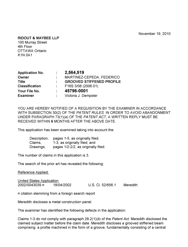 Canadian Patent Document 2564519. Prosecution-Amendment 20101119. Image 1 of 3