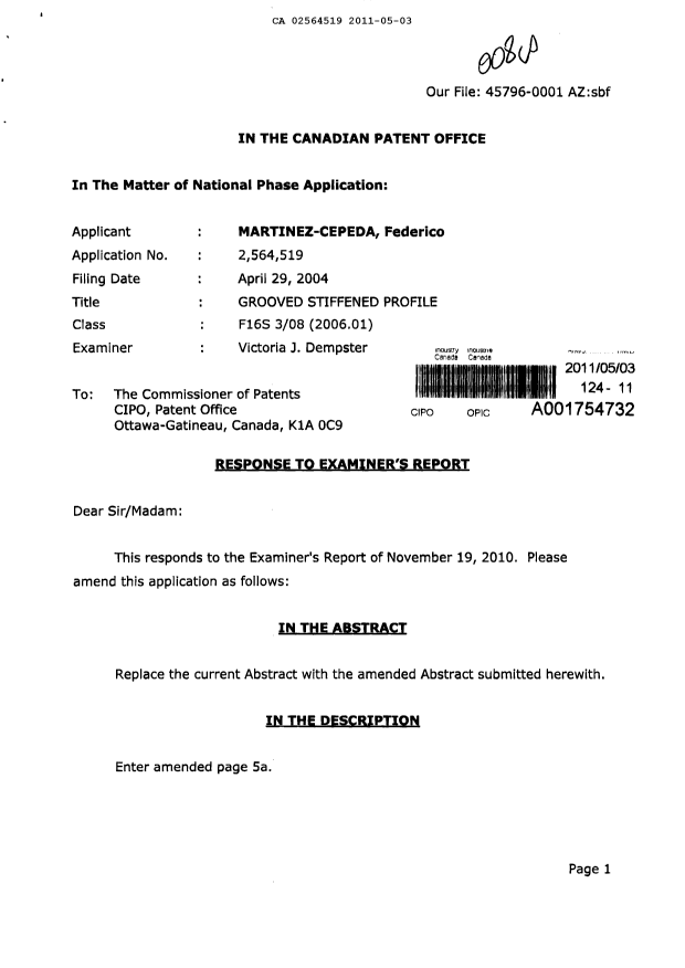 Canadian Patent Document 2564519. Prosecution-Amendment 20110503. Image 1 of 8