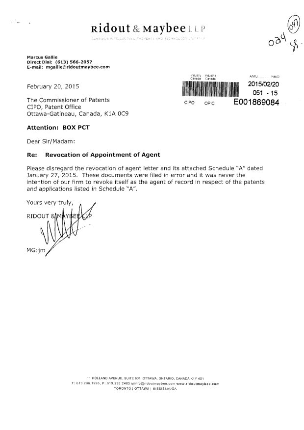 Canadian Patent Document 2564519. Correspondence 20150220. Image 1 of 7