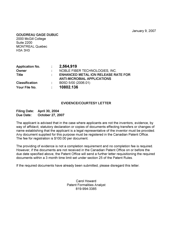 Canadian Patent Document 2564919. Correspondence 20070102. Image 1 of 1