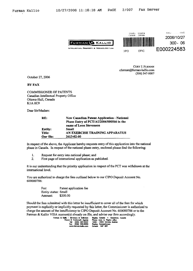 Canadian Patent Document 2564922. Assignment 20061102. Image 1 of 4