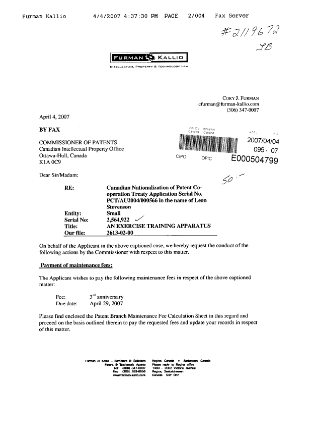 Canadian Patent Document 2564922. Fees 20070404. Image 1 of 4