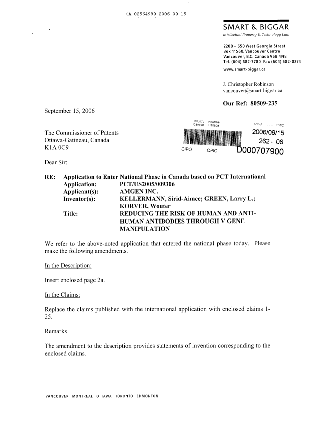 Document de brevet canadien 2564989. Poursuite-Amendment 20060915. Image 1 de 6