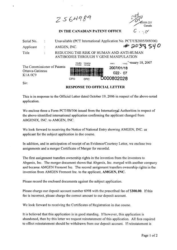 Canadian Patent Document 2564989. Correspondence 20070118. Image 1 of 3