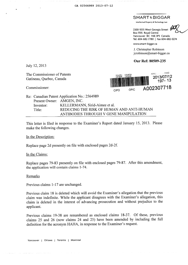 Document de brevet canadien 2564989. Poursuite-Amendment 20130712. Image 1 de 15