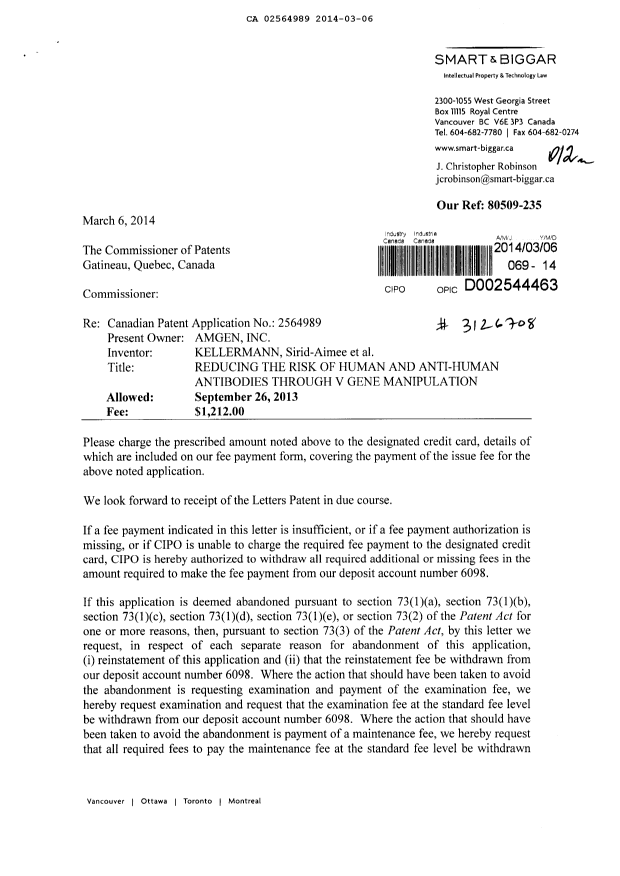 Canadian Patent Document 2564989. Correspondence 20140306. Image 1 of 2