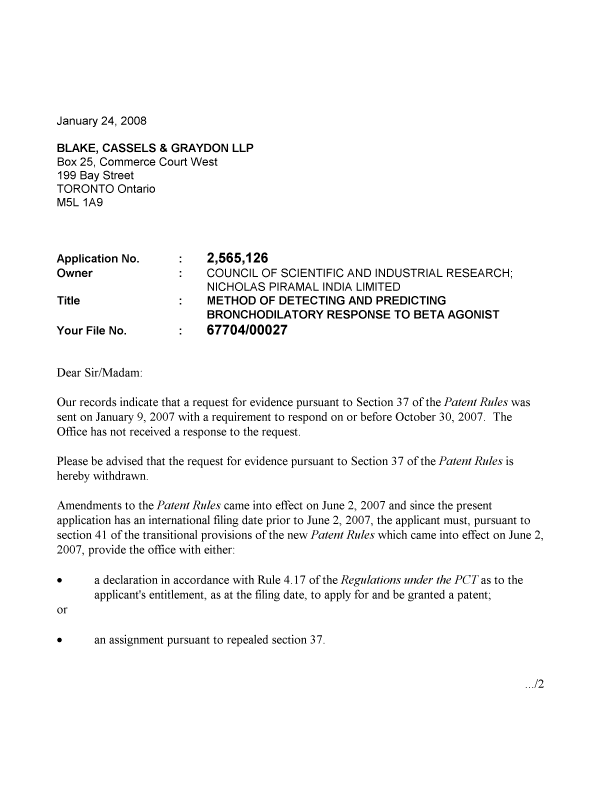 Canadian Patent Document 2565126. Correspondence 20080124. Image 1 of 2
