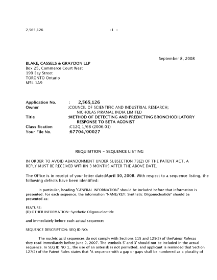 Canadian Patent Document 2565126. Correspondence 20080908. Image 1 of 2
