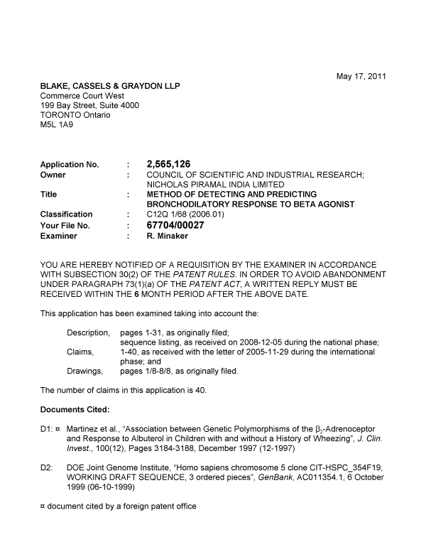 Canadian Patent Document 2565126. Prosecution-Amendment 20110517. Image 1 of 5