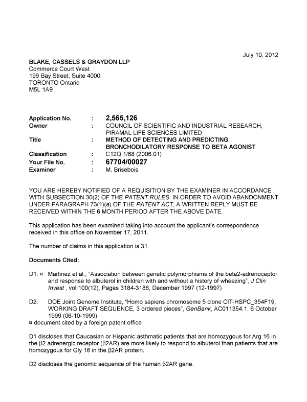 Canadian Patent Document 2565126. Prosecution-Amendment 20120710. Image 1 of 2