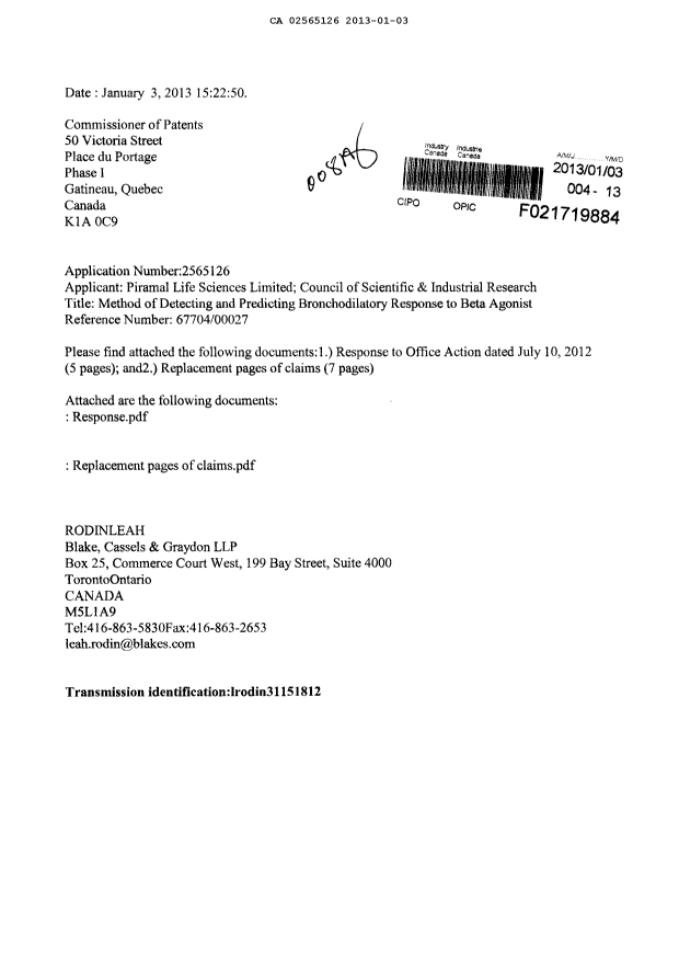 Canadian Patent Document 2565126. Prosecution-Amendment 20130103. Image 1 of 13