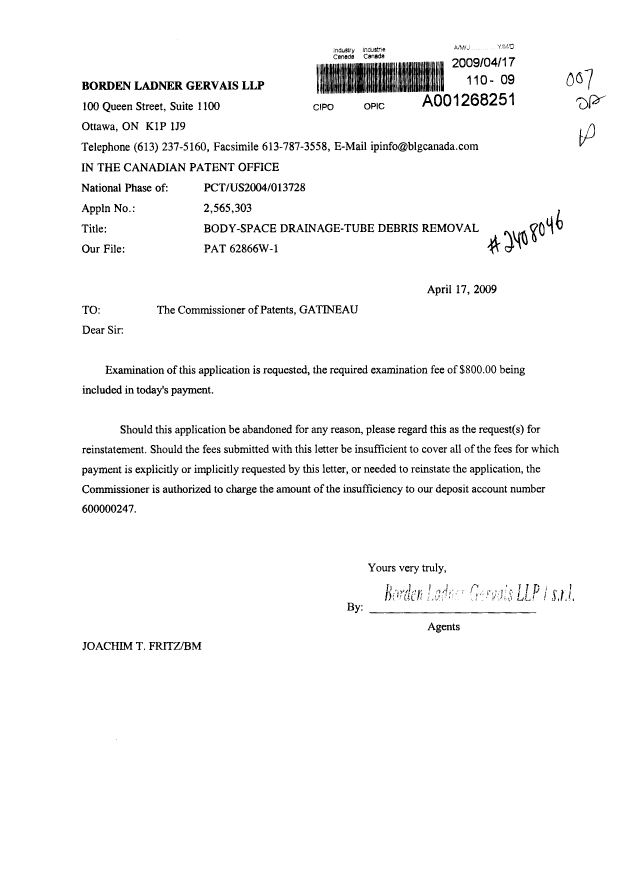 Canadian Patent Document 2565303. Prosecution-Amendment 20090417. Image 1 of 1