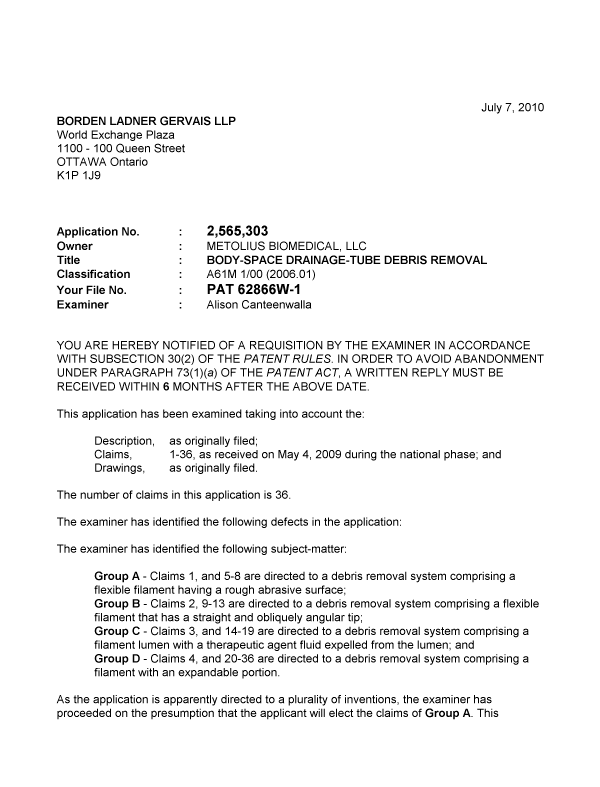 Canadian Patent Document 2565303. Prosecution-Amendment 20100707. Image 1 of 3
