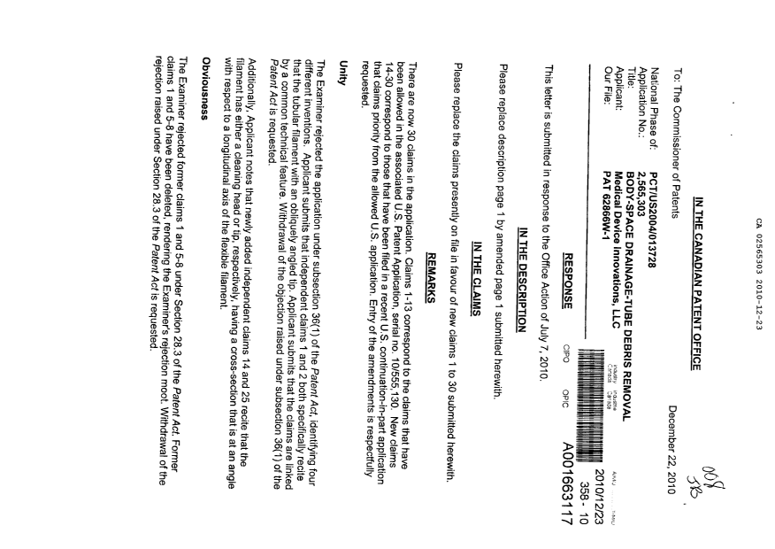 Canadian Patent Document 2565303. Prosecution-Amendment 20101223. Image 1 of 9