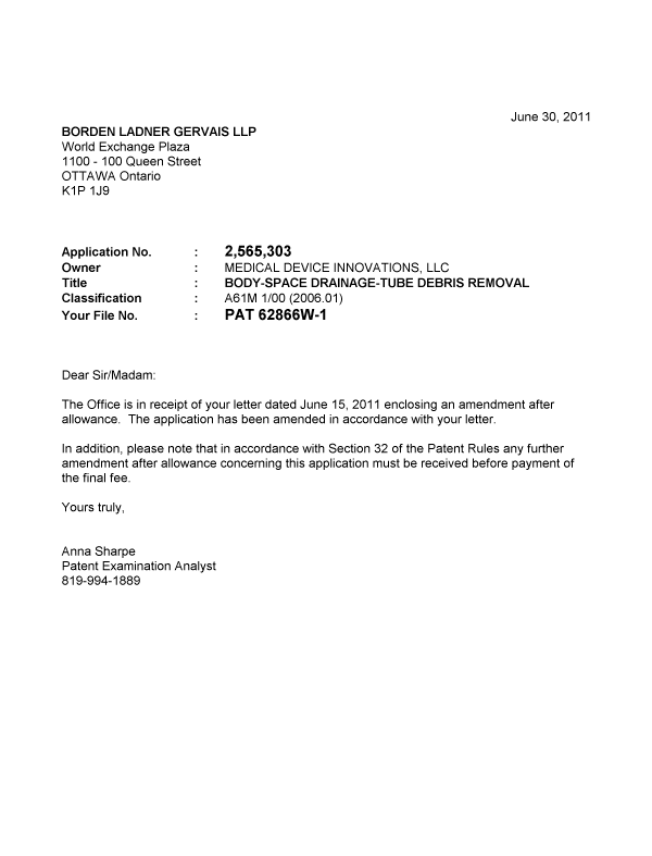 Document de brevet canadien 2565303. Poursuite-Amendment 20110630. Image 1 de 1