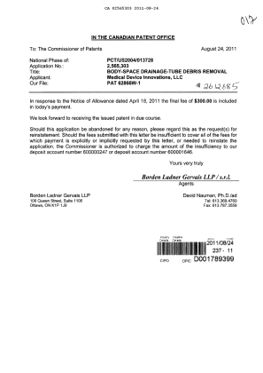 Canadian Patent Document 2565303. Correspondence 20110824. Image 1 of 1