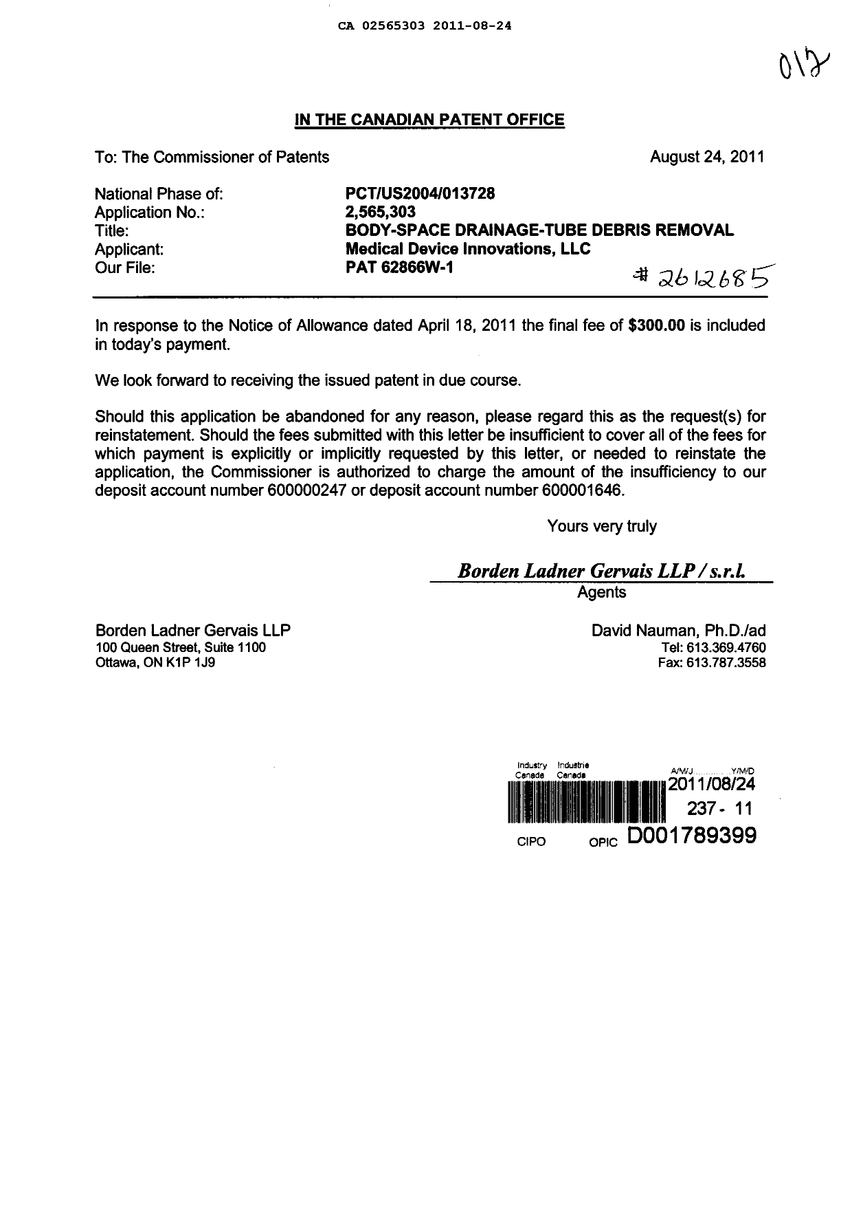 Canadian Patent Document 2565303. Correspondence 20110824. Image 1 of 1