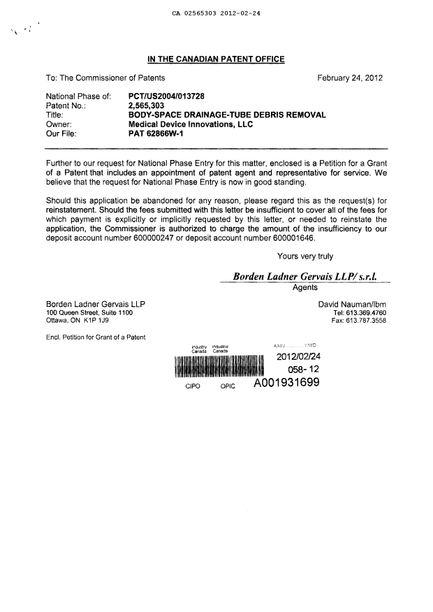 Document de brevet canadien 2565303. Correspondance 20120224. Image 1 de 3