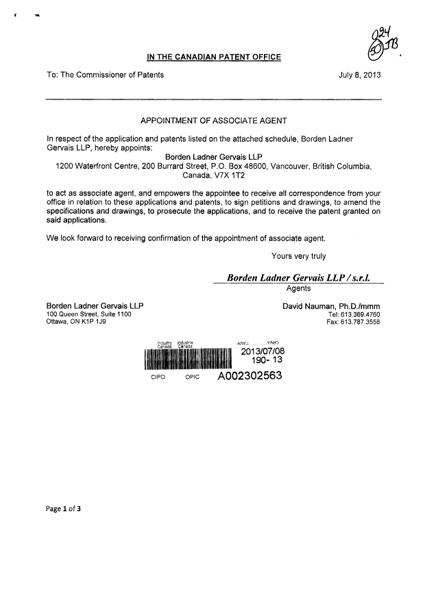Canadian Patent Document 2565303. Correspondence 20130708. Image 1 of 3