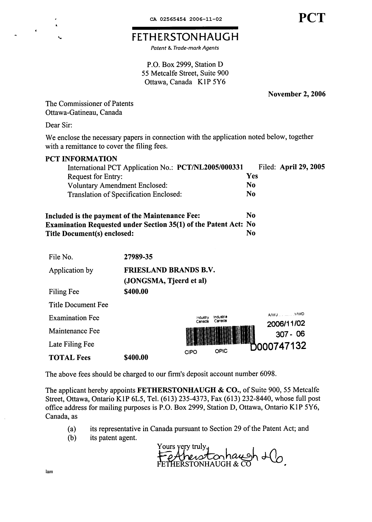 Document de brevet canadien 2565454. Cession 20061102. Image 1 de 2
