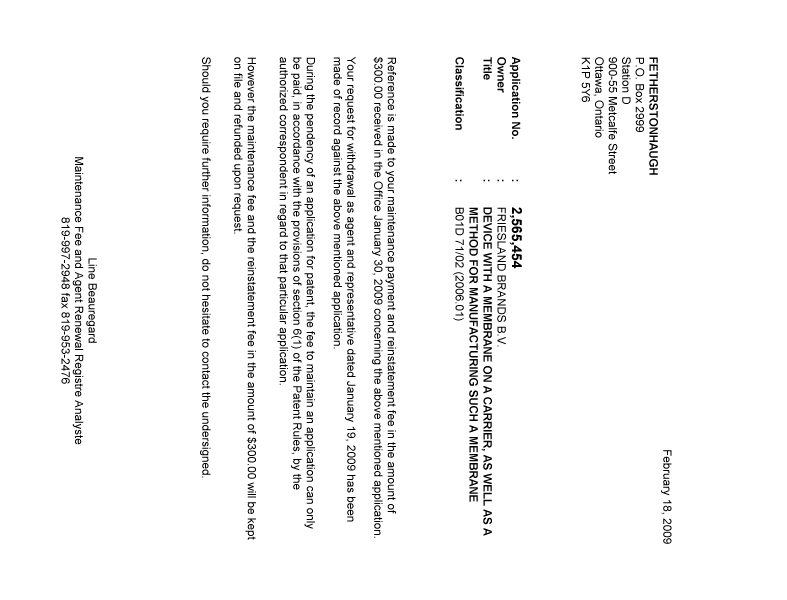 Document de brevet canadien 2565454. Correspondance 20090218. Image 1 de 1