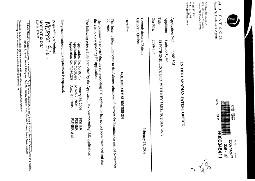 Document de brevet canadien 2565505. Poursuite-Amendment 20070227. Image 1 de 1