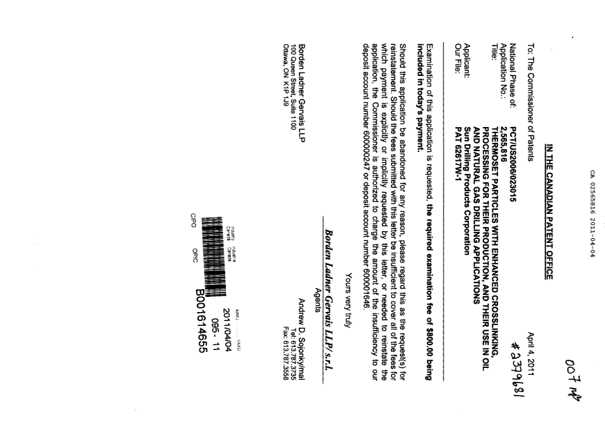 Document de brevet canadien 2565816. Poursuite-Amendment 20110404. Image 1 de 1